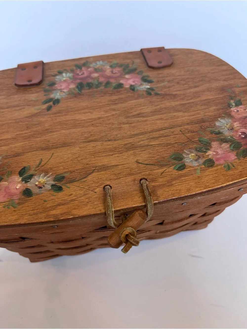 Vintage Longaberger Floral Hand Painted Basket with Handles Purse Picnic Basket